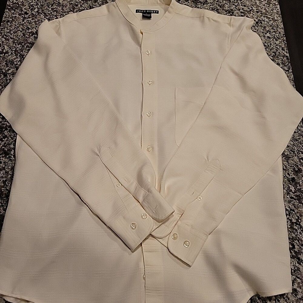 John Henry Dress Shirt‎ Men L Cream Rayon/Poly Button  L/S